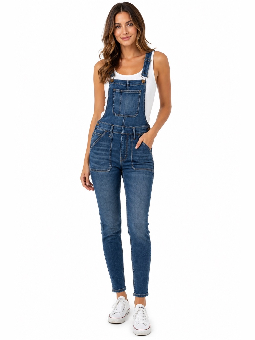 Madewell Skinny Denim Overalls Medium Blue Stretch Side Zip Ankle Cottagecore